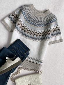 Suéter de cuello redondo de manga corta de punto con estampado Fair Isle para mujeres de Tercera Introversión, adecuado para primavera, verano y otoño - Multicolor - View 4