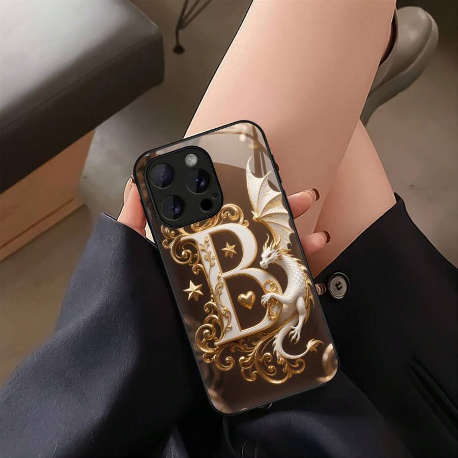 Funda protectora de vidrio premium a prueba de golpes con diseño de letra B de patrón dorado Feilong compatible con 17ProMax/17Pro/17, 16ProMax/16Pro/16Plus, 16/15/15pro/15Plus/15promax, 14/14pro/14Plus/14promax, 13/13pro/13promax, 12/12pro/12promax, 11, 7, 8, X, XS - Colores mixtos - Ver 1