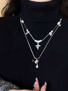 Multi-Layer Pearl Saturn Necklace For Women, Unique Design, Elegant Luxury Clavicle Chain, Versatile Sweater Chain - Antique Silver - View 7