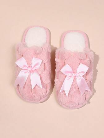 Women's Simple Casual Cute Bowknot Plush Slip-On Slippers, Lightweight Soft Sole Indoor House Slippers With Warm Lining, Suitable For Living Room And Bedroom, Spring/Autumn