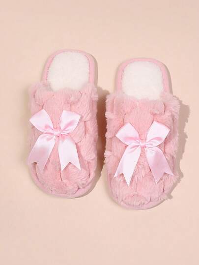Women's Simple Casual Cute Bowknot Plush Slip-On Slippers, Lightweight Soft Sole Indoor House Slippers With Warm Lining, Suitable For Living Room And Bedroom, Spring/Autumn