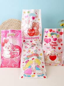 50个可爱情人节塑料礼品袋，卡通动物和情侣图案，带提手设计，适合浪漫礼物 - 彩色 - 查看 1