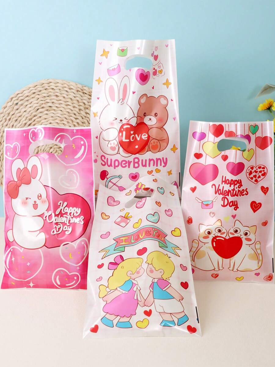 50个可爱情人节塑料礼品袋，卡通动物和情侣图案，带提手设计，适合浪漫礼物 - 彩色 - 查看 1