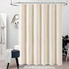 Boho Farmhouse Shower Curtain Linen Rustic Weighted Striped Cloth Shower Curtain Set With Tassel Water Repellent Bohemian Vintage Country Fabric Shower Curtain For Bathroom Cream/Beige 72x72 - A - 奶油色+72吋寬 x 90吋長(1 件裝) - 查看 6
