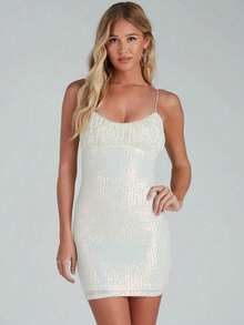 Summer Bead Sexy Suspender Retro Sequined Dress Retro Evening Dress Short - trắng - Xem 6