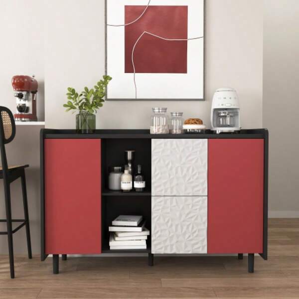 Sideboard/Buffet Cabinet, Black Storage Cabinet With Red Doors, 2 Drawers With Unique Panel Styling And 2 Open Storage Compartments, Modern Coffee Bar Cabinet, Accent Cabinet For Kitchen