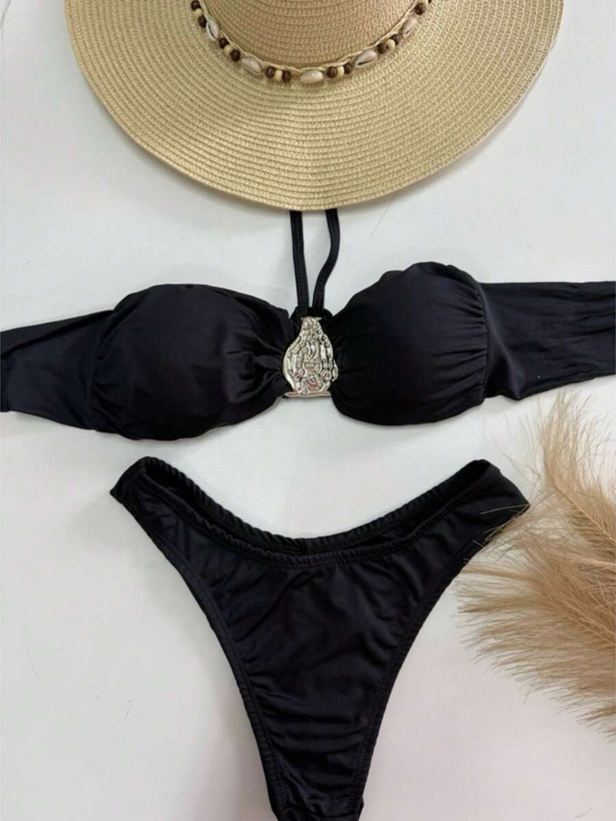 Black High-Cut Bikini With Oval Strapless Two-Piece Top With Padding, Women's Beachwear, Summer 2026, Blogger Fashion. - màu đen - Xem 1