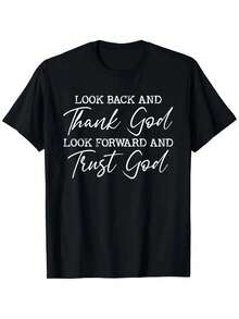 [Everyday Comfort] Inspirational Christian T-Shirt For Men & Women - "Look Back And Thank God, Look Forward And Trust God" Quote, 100% Cotton, Casual Crew Neck, Short Sleeve, Slight Stretch, All-Season Wear, Casual Wear | Inspirational Quote Shirt | Comfortable Fit - 黑色 - 查看 1