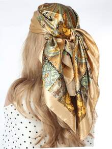 1条波西米亚风佩斯利印花缎面围巾，优雅头巾/披肩，适合日常休闲佩戴，防晒 - 卡其色 - 查看 1