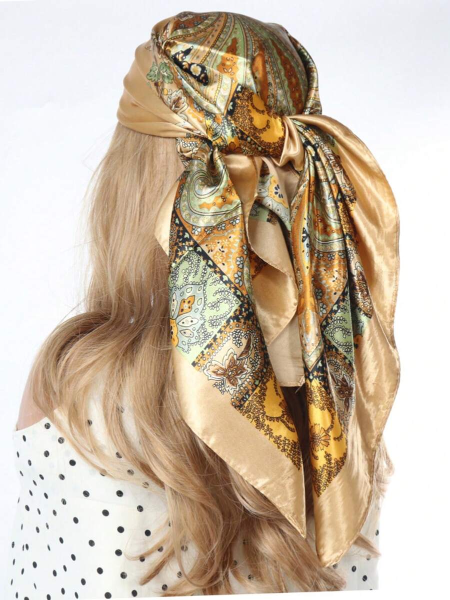 1条波西米亚风佩斯利印花缎面围巾，优雅头巾/披肩，适合日常休闲佩戴，防晒 - 卡其色 - 查看 1