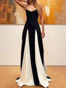 Women's Maxi Dress With Thin Straps In An Elegant And Sexy Color Block Style. - Đen và trắng - Xem 6