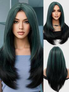 黑色挑染绿色中分长直发假发，26英寸，女士自然直发假发，蓬松透气，耐热合成纤维假发，非常适合初学者打造时尚日常造型，完美适用于约会、拍照、角色扮演、优雅派对、音乐节、聚会等场合。 - 挑染綠色 - 查看 1