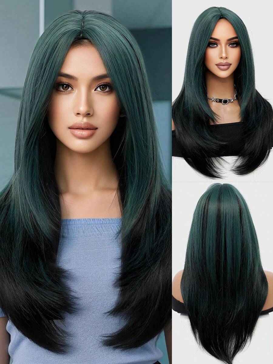 黑色挑染绿色中分长直发假发，26英寸，女士自然直发假发，蓬松透气，耐热合成纤维假发，非常适合初学者打造时尚日常造型，完美适用于约会、拍照、角色扮演、优雅派对、音乐节、聚会等场合。 - 挑染綠色 - 查看 1