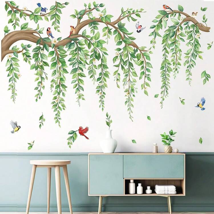 1Set Tree Branch Hanging Vine Wall Stickers, Green Leaf Flower Birds Wall Decals, For Living Room Bedroom TV Background Wall Decor - Multicolor - View 4