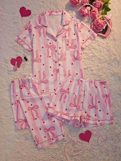 3pcs Women Casual Striped Heart & Bow Print Pocket Front Button Short Sleeve Top And Shorts/Pants Pajama Set, Comfortable For Spring/Summer