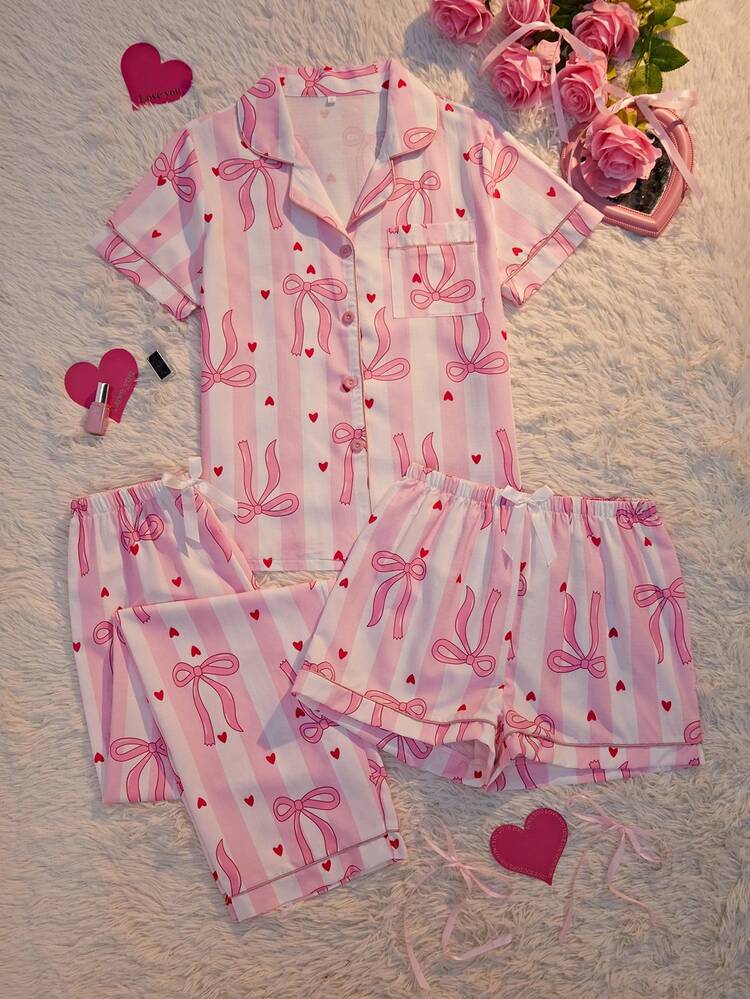 3pcs Women Casual Striped Heart & Bow Print Pocket Front Button Short Sleeve Top And Shorts/Pants Pajama Set, Comfortable For Spring/Summer - Multicolor - View 1