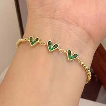 18K镀金铜锆石心形可调节珠链手链，时尚优雅，男女皆宜，适合日常佩戴、约会、节日等场合。