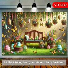 Pancarta de jardín de huevos de Pascua planos y coloridos en 2D, adecuada para bodas, baby shower, cumpleaños, Pascua, Navidad, Año Nuevo - Decoración para fiestas al aire libre, telón de fondo para fotos, decoración de fiestas de primavera, con diseño plano y patrón de huevos - Multicolor - Ver 3