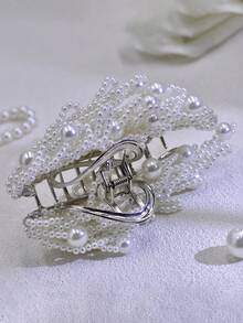 1个手工多层仿珍珠发夹，适合新娘、婚礼、派对、节日、休闲、通勤、情人节礼物等场合，时尚发饰，优雅发爪，女士发夹，休闲发卡 - 白色 - 查看 8