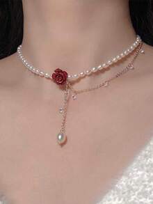 人造珍珠和花朵吊坠 Y 形套索项链 情人节、妈妈、母亲、母亲节、礼物