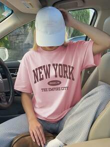 1件女童休闲印花圆领短袖T恤，色彩鲜艳的时尚图案T恤，适合学生，夏季款 - 粉色 - 查看 8