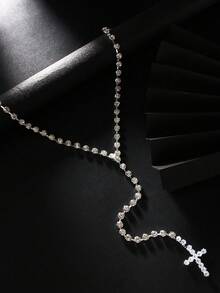 1件欧美时尚水晶十字架项链，简约十字架吊坠项链，嘻哈风格饰品，开斋节礼物 - 銀色 - 查看 4