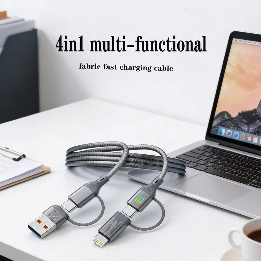 1pc 4-In-1 Braided Data Cable, Multi-Function Charging Adapter, High-Speed Data Transfer & Fast Charging Cable Compatible With IPhone 17/16 Pro Max/16 Pro/16 Plus/16/15/14/13/12/11/XS/XR/8/7/6, S25/S24/S23/S22/S21 Ultra Plus, Series - Grey - View 1