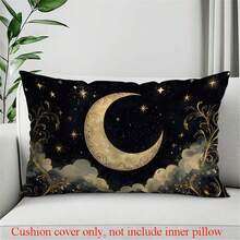 1pc Of Ramadan-Themed Star And Moon Illustration, Single-Sided Printed Cushion Cover For Sofa - Peach Skin Velvet Cushion Cover 30*50cm,Waist Cushion Cover - Black - View 8