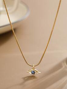 1件女士吊坠项链，简约不锈钢立方氧化锆恶魔之眼吊坠项链，百搭日常佩戴礼品配饰 - 金黃色 - 查看 3