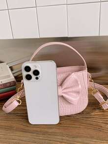 1pc Girls' Solid Color Crocodile Embossed Bow Decor PU Zipper Closure Handbag & Crossbody Bag, Suitable For All Seasons Daily Use - A - View 5