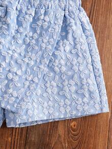 2pcs Set Kasual Anak Perempuan: Rok Pendek Motif Bunga Kecil Acak - Biru - View 5