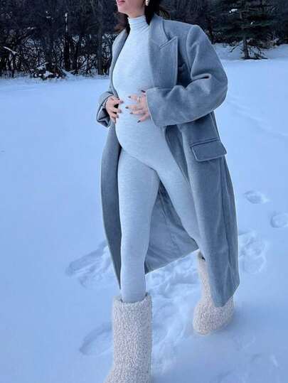 Grey Maternity High Neck Long Sleeve High Elasticity Jumpsuit, Comfortable & Fashionable Maternity Jumpsuit