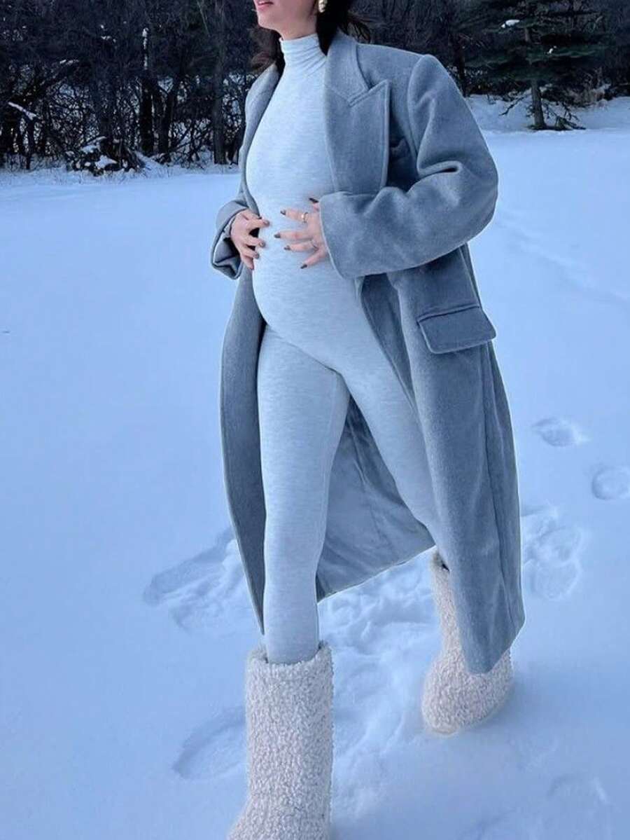 Grey Maternity High Neck Long Sleeve High Elasticity Jumpsuit, Comfortable & Fashionable Maternity Jumpsuit