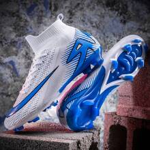 Nuevos zapatos de fútbol unisex Assassin 16 de caña media, zapatos de entrenamiento y competición profesionales, tacos de alta calidad antideslizantes y resistentes al desgaste. - Azul marino naranja - Ver 2