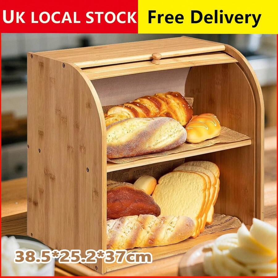 Bread Bin 2 Tiers Double Layer Box Slide Roll Top Food Storage Rack Home Kitchen - Apricot - View 1