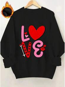Hoodies For WomenWomen's Plush Thickened Love Letter Print Sweater - Pink & Red Heart & LOVE Design Pullover, -Season Casual Sweater With Plush Trim Collar, Cozy Round Neck Sweater For Valentine's Day & Casual Ttire (Black), Womens Tops, Women ClothesWomen's SweatshirtLoose And Comfortableed Hardy Clothes Tops - 黑色 - 查看 7