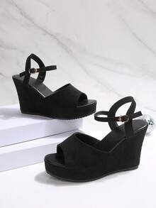 Simple Elegant Black Wedge Sandals For Women, Suede Strap With Metal Buckle Design, Casual Platform Sandals For Petite - 黑色 - 查看 6