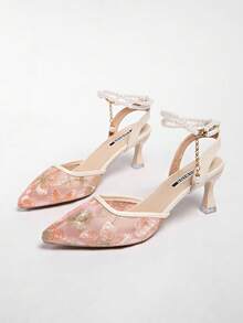 新款中国风白色高跟穆勒鞋，尖头蕾丝刺绣套脚凉鞋，女士款 - 粉色 - 查看 4