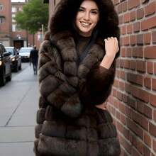 Women'S Elegant Faux Fur Coat - Mid-Length Winter Jacket With Front Closure, Flared Hem & Long Sleeves, Non-Stretchy Fabric For Formal & Everyday Outfits, Winter Jacket For Women, Winter Coat For Women, Winter Coat Women, Winter Coat Women - Dark Brown - 查看 1