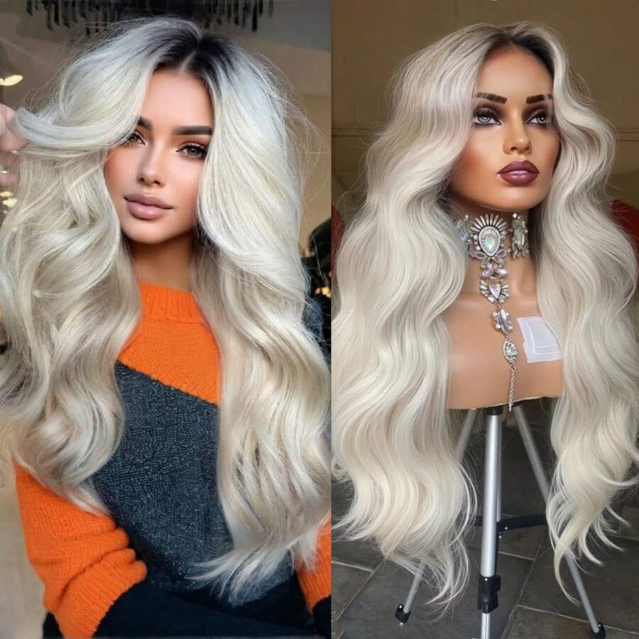 Ombre Platinum Blonde Wig Human Hair Body Wave Lace Front Wigs Human Hair 13x4 Lace Front Wigs Human Hair Ash Blonde With Black Roots Wig Human Hair 200 Density Loose Wave Glueless Brazilian Remy Human Hair Wigs For Women Daily Natural Wig - Blonde Shadow 02 - Xem 1