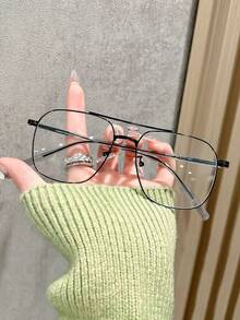 1副男女通用金属双梁商务休闲平光眼镜，韩日简约风格眼镜 - 無色 - 查看 6