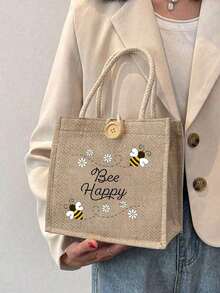 Women's Multifunctional Tote Bag ,The Cute Pattern With Bees And Hearts Printed On It,Holiday Style Letter Design Shopping Bag, Suitable For Weddings, Birthdays, Beaches, And Holidays, Linen Tote Bag, Teacher's Day Gift Bag,Portable Lightweight Foldable Storage Bag, Simple Bag, Nurse, Doctor - Multicolor - View 1