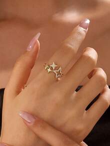 1pc Elegant Sparkling Star Shaped Zirconia Inlaid Open Ring, Suitable For Festivals, Leisure And Vacation Wear - Gold - View 3