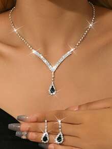 3pcs/4pcs/5pcs/Set Water Droplet Design Necklace+Earrings+Bracelet+Ring Luxury Zirconia Jewelry Set Suitable For High-End Evening Dresses, High-End Banquets, And Gift Giving. - 3pcs/set - View 5