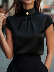 女士时尚优雅休闲日常都市现代度假纯色半高领金属仿纽扣后背隐形拉链短袖上衣，黑色夏季休闲衬衫 - 黑色 - 查看 2