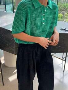 Men's Solid Color Hollow Polo Collar Short Sleeve Knit Sweater, Casual & Versatile, Spring/Summer - Green - View 3