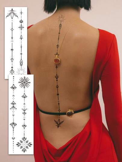 2 Sheets Sexy Line Style Body Art Back Waist Spine Painting Temporary Tattoo Stickers, Black Lotus Flower Lines And Geometry Patterns.Waterproof Fake Tattoos,Lasting 2-5 Days,Can Be Applied To The Arms, Neck, Waist, Spine, And Legs. Perfect For Festivals, Weddings, Vacations, Party Gifts, Music Festivals, And Body Decoration.
