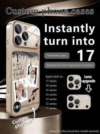 1 pezzo Custodia personalizzata con 2 foto, custodia protettiva in vetro temperato di lusso con motivo a goccia d'acqua e nota musicale, con ampia finestra e protezione della lente, adatta per iPhone 17/17Pro/17ProMax/17Air/16/16Pro/16ProMax/16Plus/15/15Plus/15Pro/15ProMax/14/14Plus/14Pro/14ProMax/13/13Pro/13ProMax/12/11 Accessori per telefono - Personalizza con le tue foto, animali domestici, paesaggi, il tuo telefono merita il tuo stile