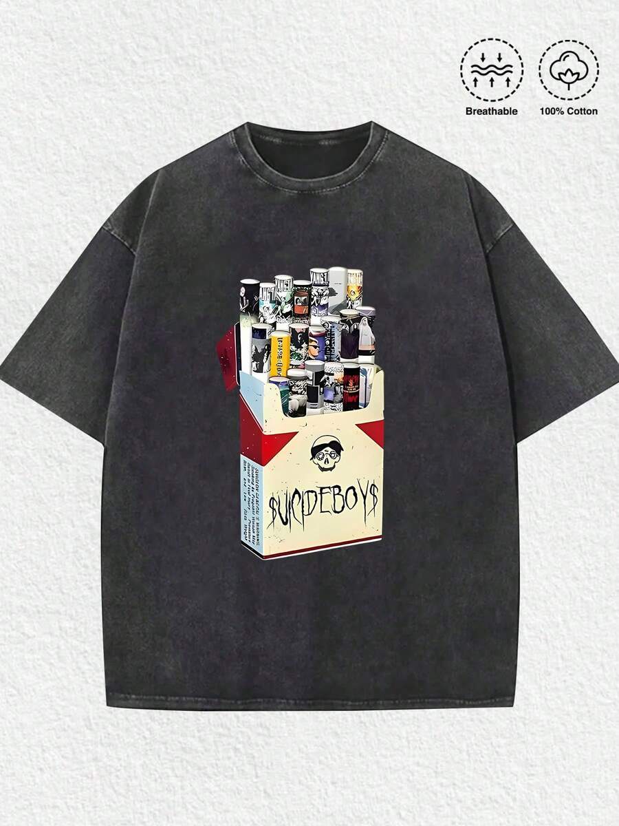 Vintage Suicide.Boys Cigarette Album Shirt Vintage G59 ,Casual Print,Comfortable And Versatile,Letter Pattern Pure Cotton 220g Printed T-Shirt - màu đen - Xem 1