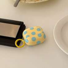 复古撞色粉蓝波点耳机盒，带挂环，可爱简约设计，兼容苹果Pro 2、Pro、3、1/2，适合女性使用